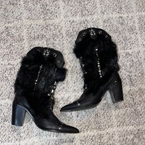 Capelta Couture Womens Black Leather and Fur Rockstar Boots Size 38